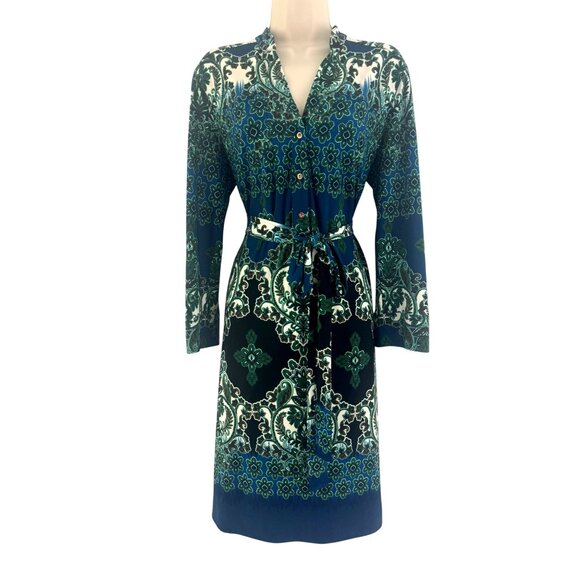 DM Collection Teal Green Print Shirt Dress with Tie Size 14 Career Office Classy - Picture 1 of 6